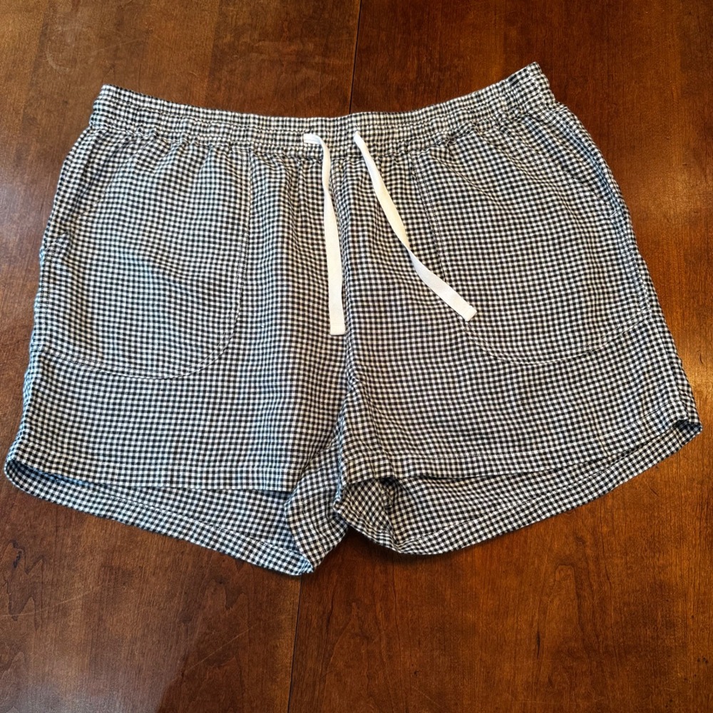 Quince Shorts Womens XL Black White Gingham Linen Blend Drawstring Casual Pocket